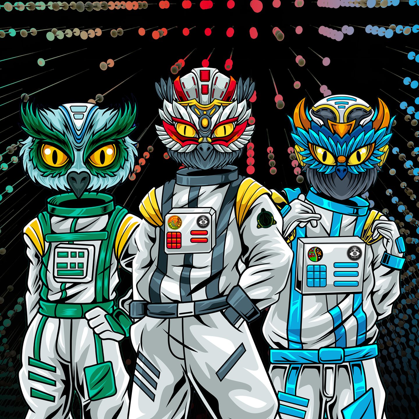 The three MEGA-SCOPES characters in flight suits