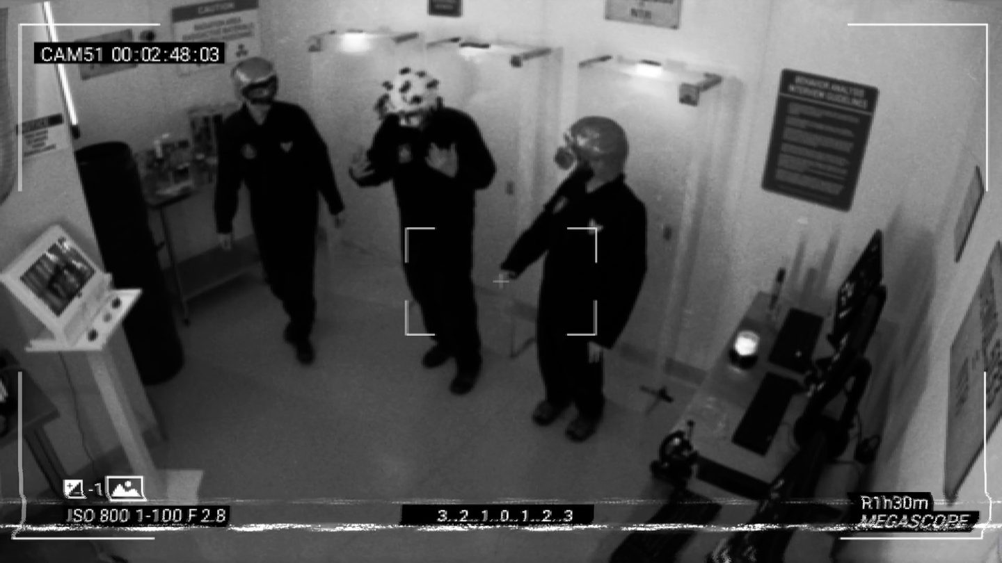 Security camera: the specimens moving toward the door
