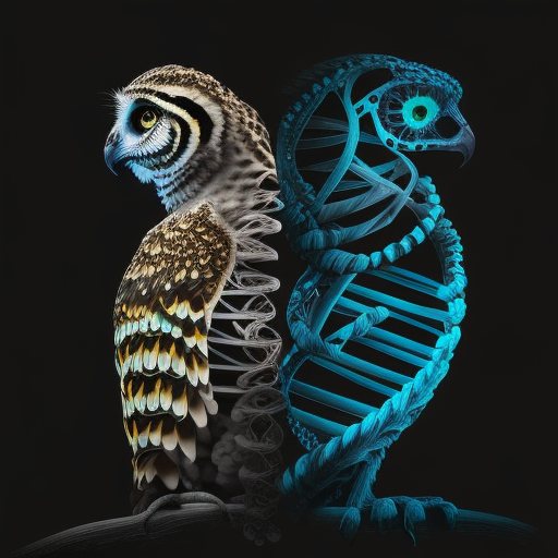 An owl beside a glowing extraterrestrial DNA double helix