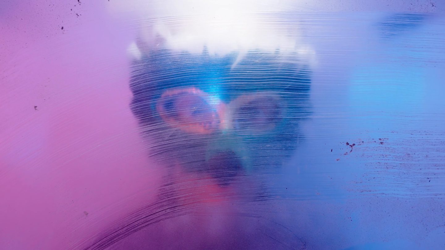 A masked owl face pressed against frosted glass